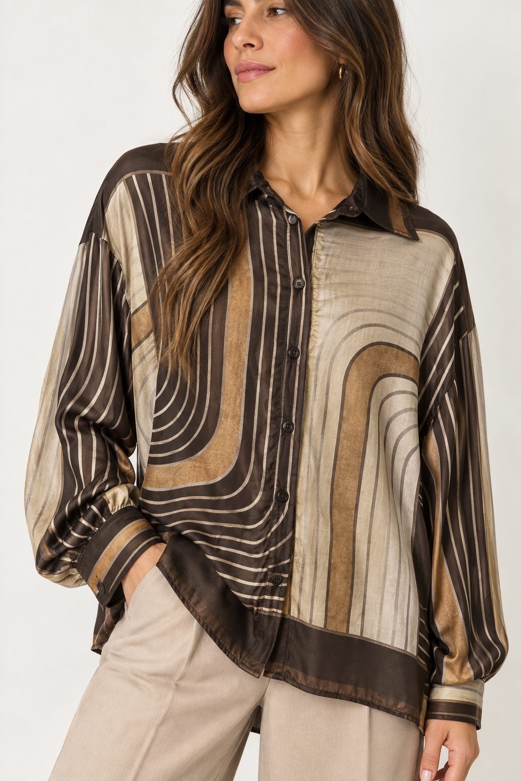 Camisa Seda estampada combinada Camel