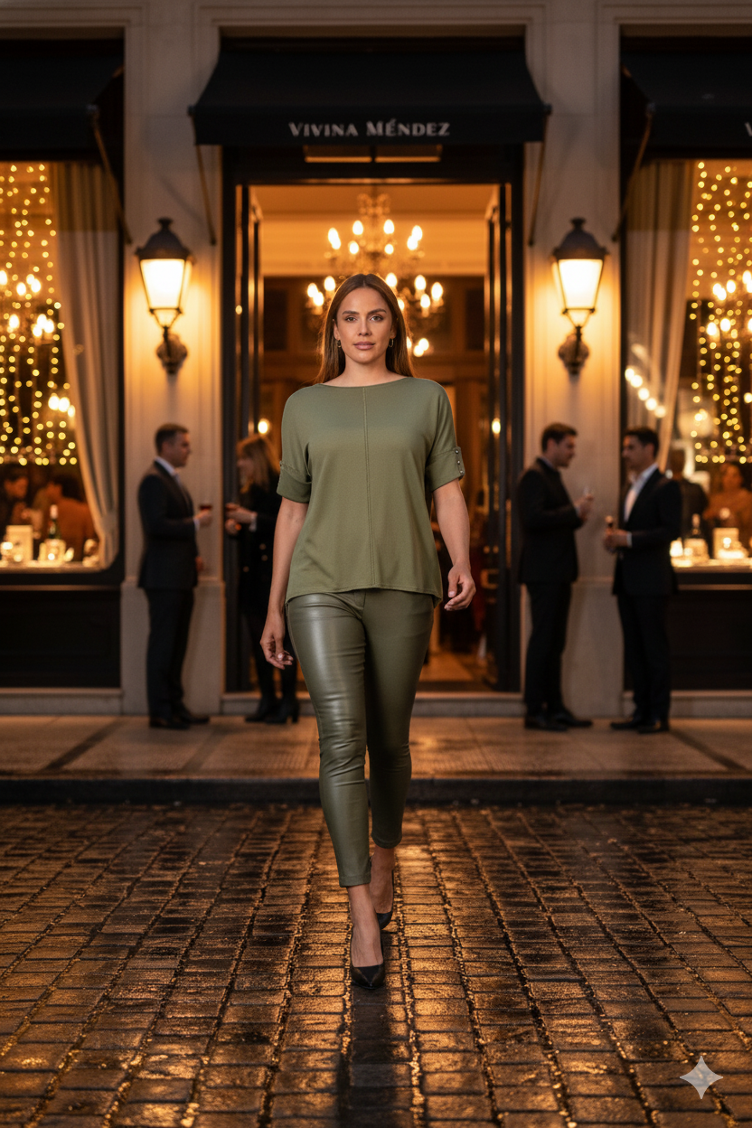 Conjunto Pantalón Aline Engomado y Remera Lira en verde oliva, vista frontal