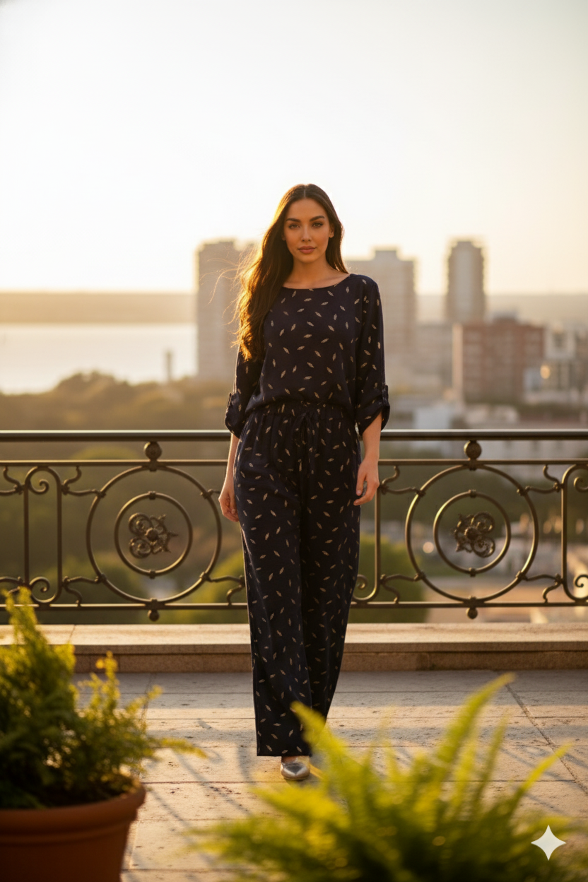 Conjunto Pantalón y Blusa Lua en azul marino - vista lateral