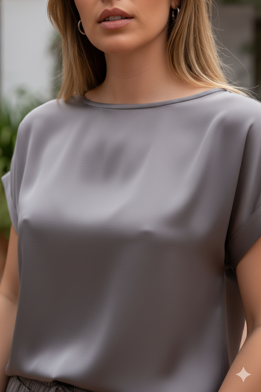 Conjunto Pantalón Oliva y Blusa Flama Gris combinado con accesorios