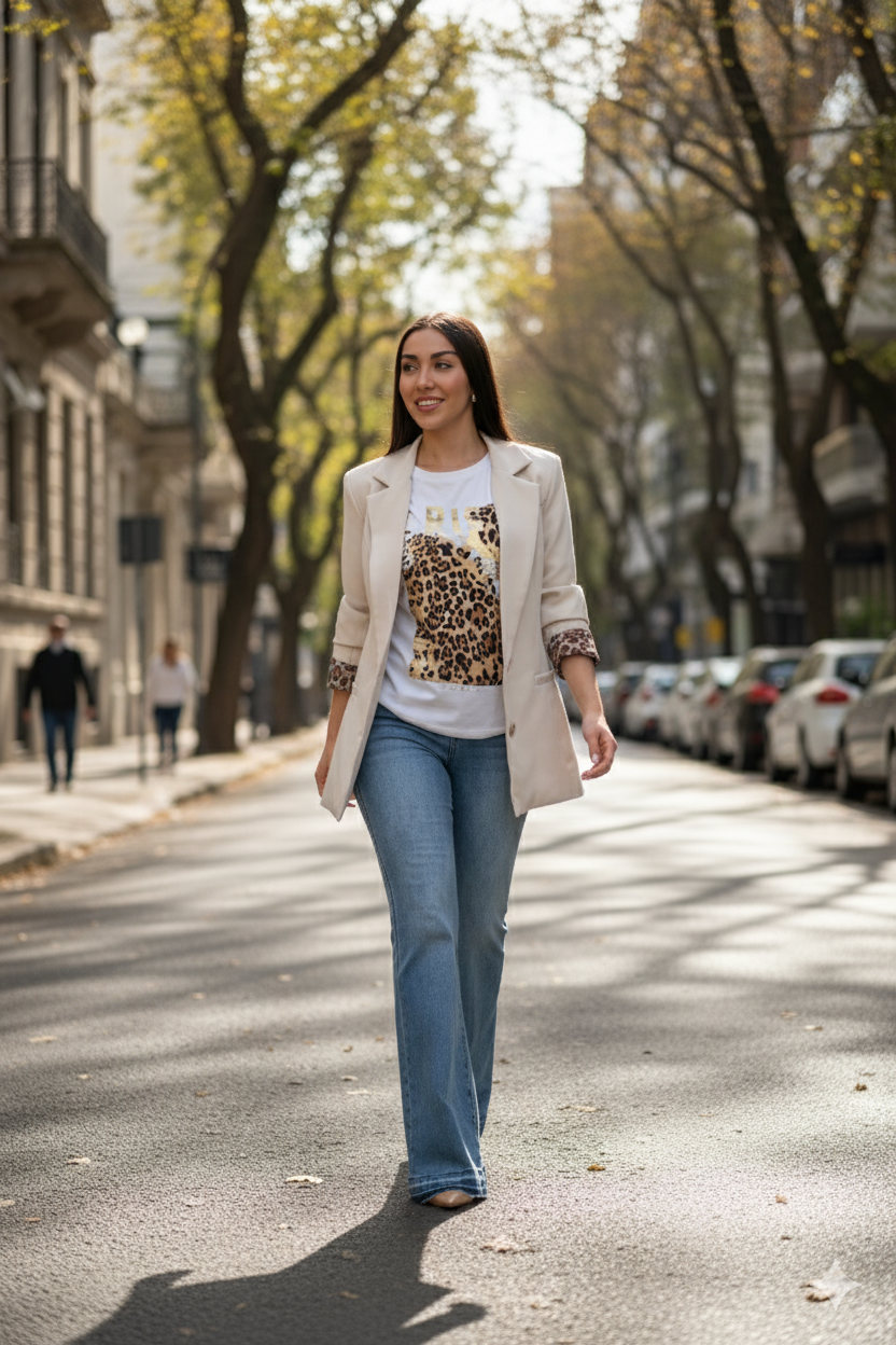 Blazer Landó Beige + Blusa Muse + Jeans Paula
