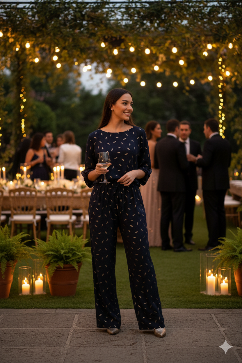 Conjunto Pantalón y Blusa Lua en azul marino - modelo en movimiento