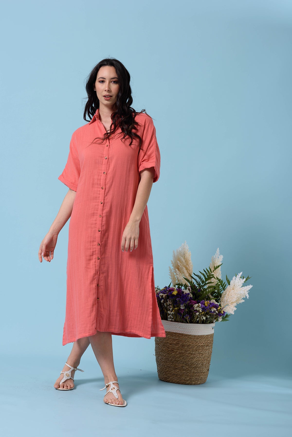 Viviana Méndez - Camisa Larga Cotton Gauze Coral - SALE