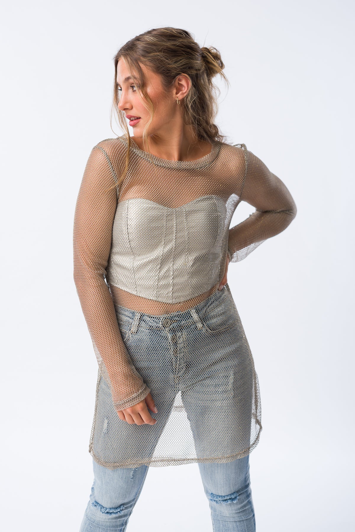 Vestido Oure C/Manga Plata - vista frontal mostrando su elegante diseño