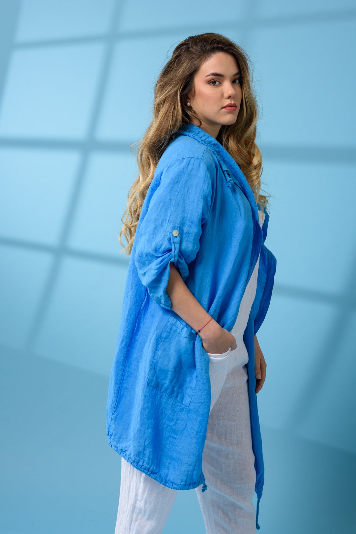 Campera de Lino Larga Azul | Frente