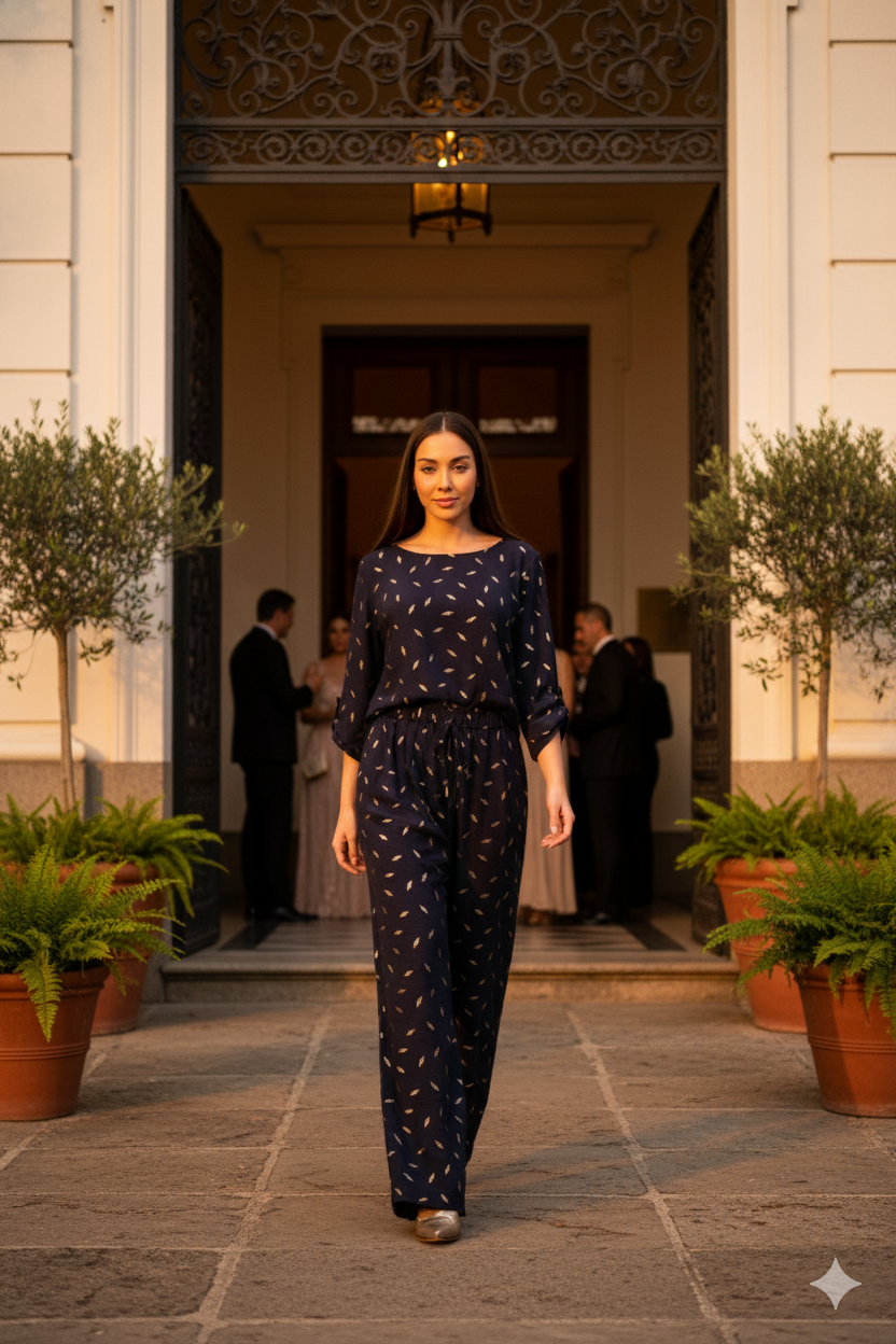 Conjunto Pantalón y Blusa Lua en azul marino - detalle del tejido
