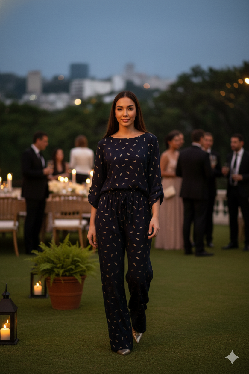 Conjunto Pantalón y Blusa Lua en azul marino - vista frontal