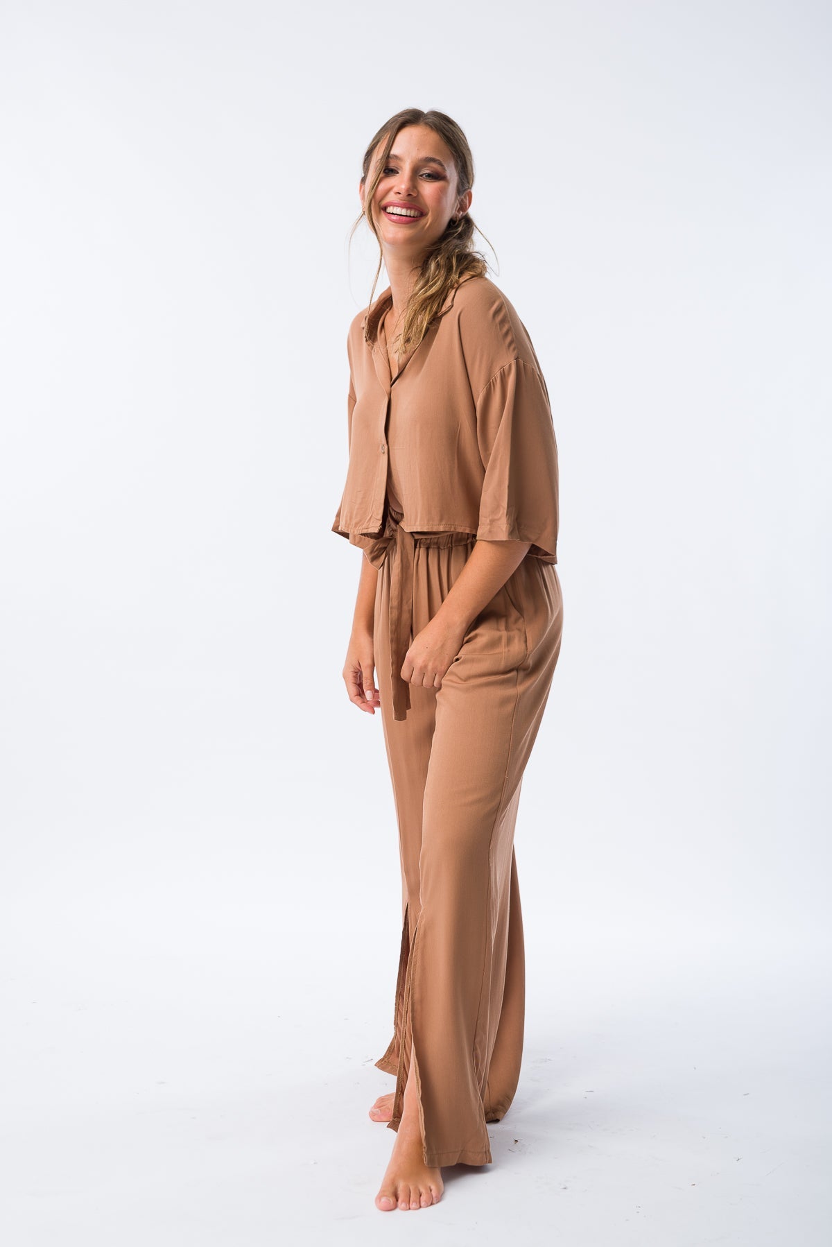 Camisa Corta Vesta Camel - Viviana Méndez