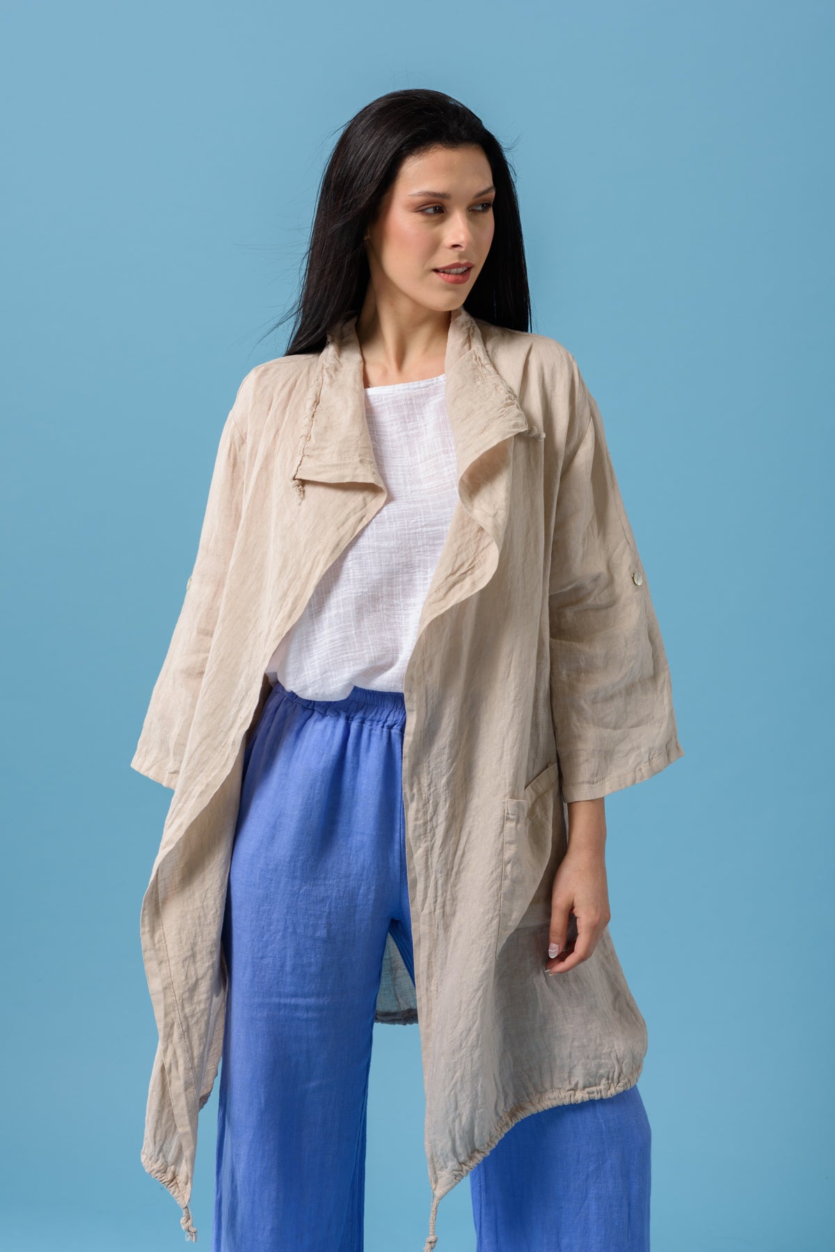 Campera de Lino Larga Camel - Vista Frontal