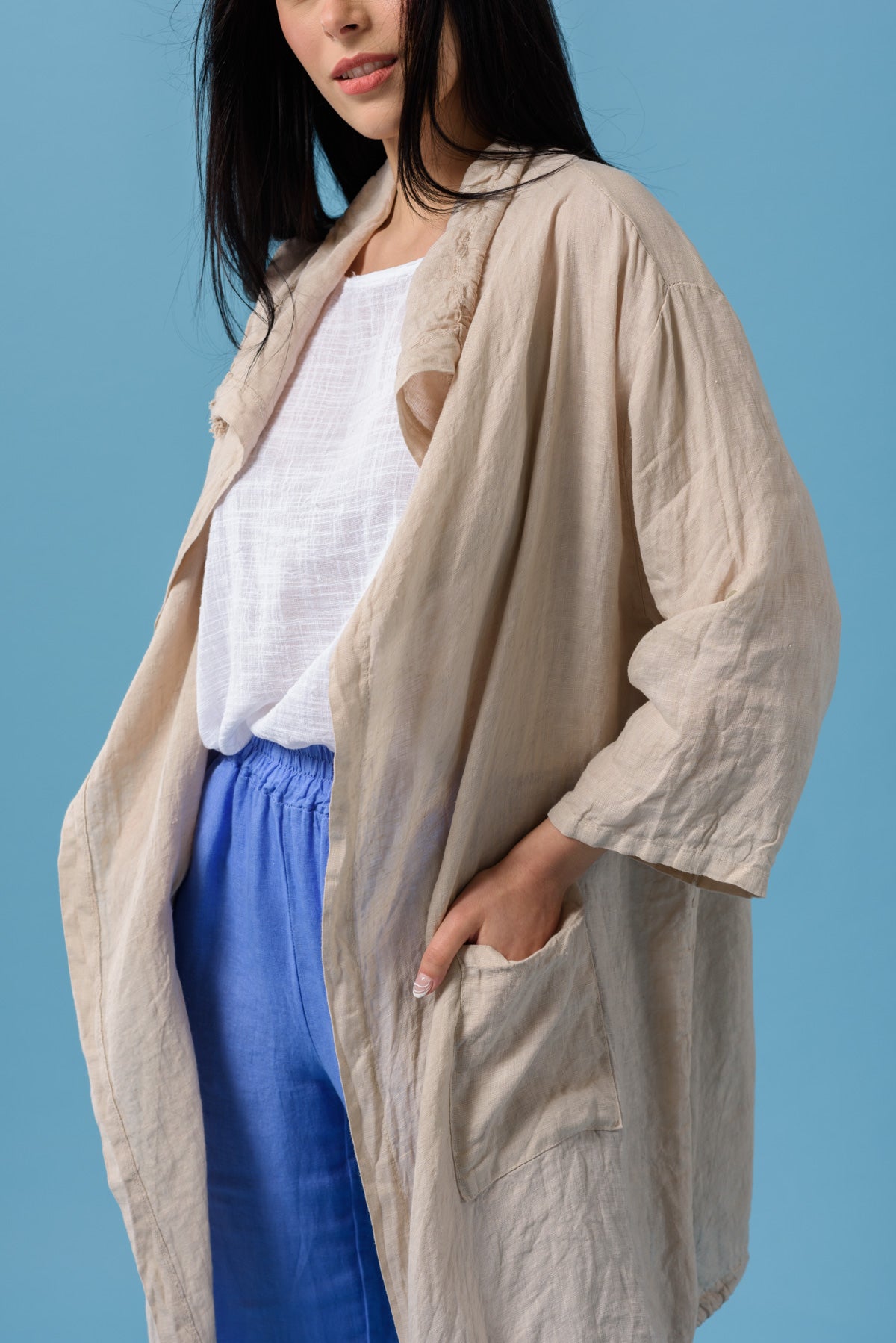 Campera de Lino Larga Camel - Vista Posterior