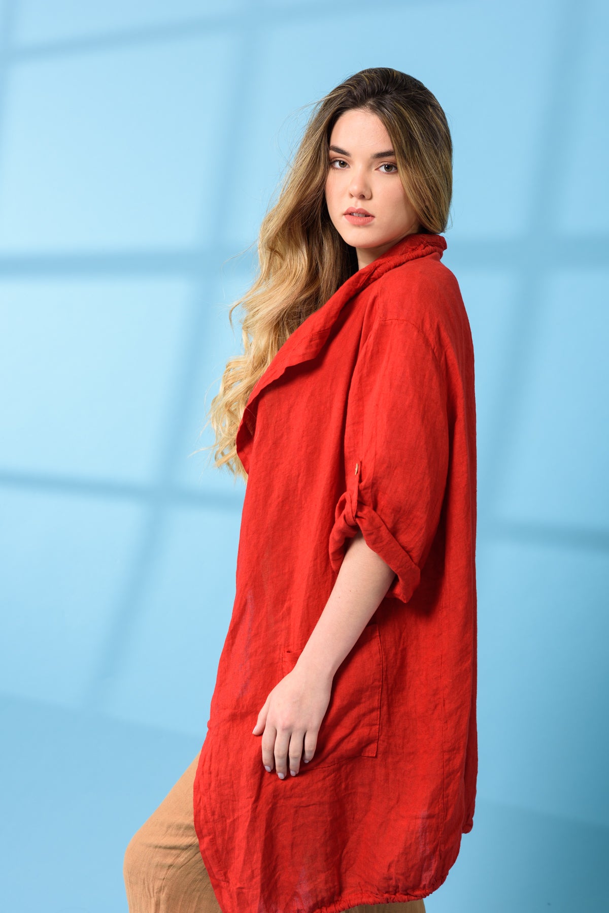 Campera de Lino Larga Roja | Viviana Méndez - 