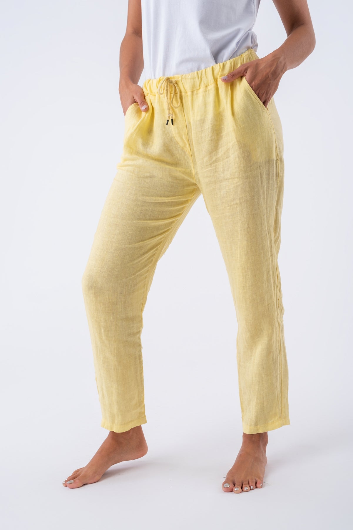 Pantalón de Lino con Cordón Amarillo | Pantalones | Viviana Méndez - Pantalón de Lino con Cordón - Viviana Méndez